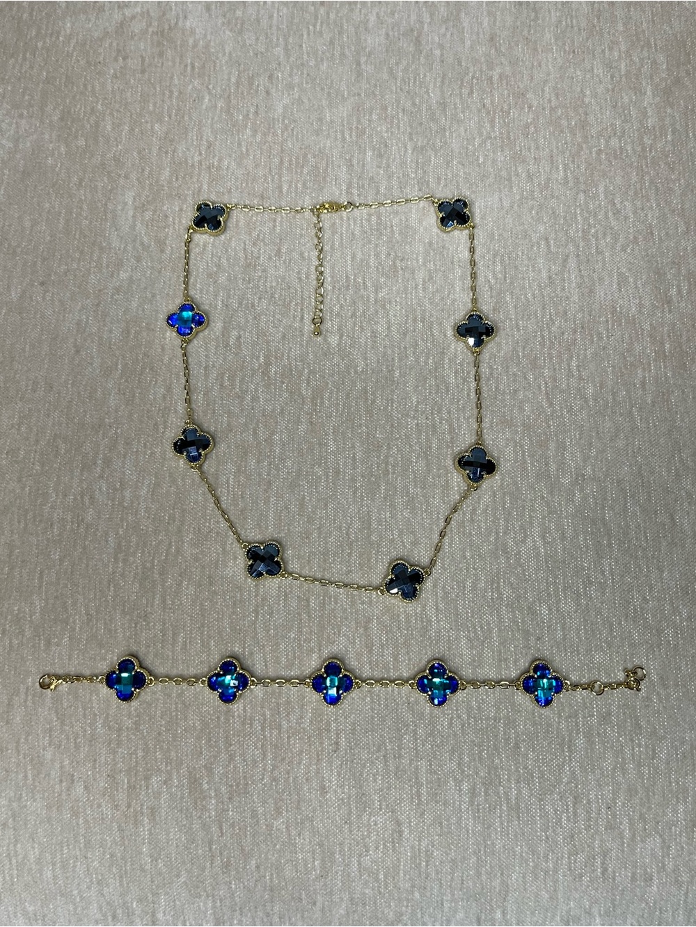 Gold Clover Chain Necklace and Bracelet Set with Blue Opal Clover Accents